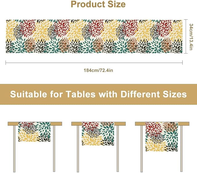 Green Red Dahlia Flower Table Runner Chrysanthemum Geometric Kitchen Dining Bedroom Living Room Table Decor for Indoor Outdoor Home Party, 13x108 Inch