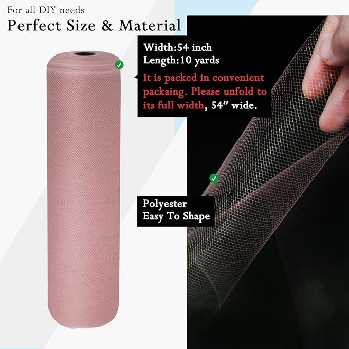 Dusty Rose Tulle Fabric Rolls 54 Inch by 10 Yards Fabric Tulle Bolt for Wedding Decorations DIY Tutu Baby Shower Table Skirt Birthday Party Craft Supplies