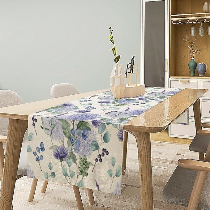 Spring Hydrangea Flower Table Runner, Seasonal Summer Plants Watercolor Eucalyptus Leaves Purple Florals Dinner Runner for Home Kitchen Dining Table Party Holiday Decoration 13"x108"