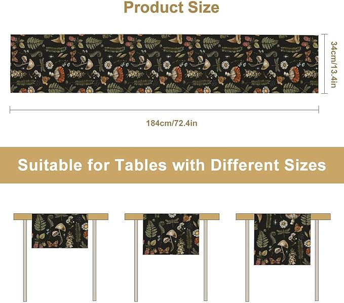 Mushroom Table Runner,Retro Forest Plant Table Runner for Kitchen Dining Table Home Party Decoration 13x36 Inch