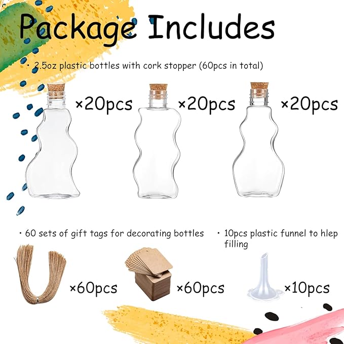60 Pcs Plastic Sand Art Bottles with Corks and Funnels, 2.5 oz Clear Containers in 3 Styles for Wedding Invitations, Fun Crafts, DIY Projects, Party Decorations
