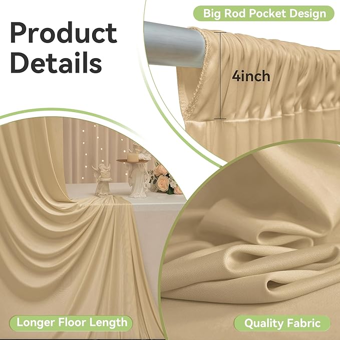 30ftx12ft Wrinkle Free Beige Backdrop Curtain, 6 Panels 12FT Height Beige Wedding Backdrop Drapes, Silky Polyester Back Drop Cloth for Birthday Photography Background Party Backdrop Draping