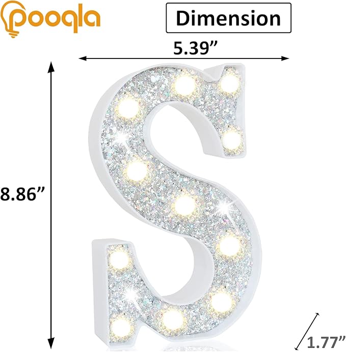 Pooqla Light Up Letters, LED Marquee Letters for Silver Birthday Decorations, Battery Powered Night Light Teenager Girl Room Decor, Gift for Girls Boys Wedding Bedroom Christmas Party Decor, Letter S