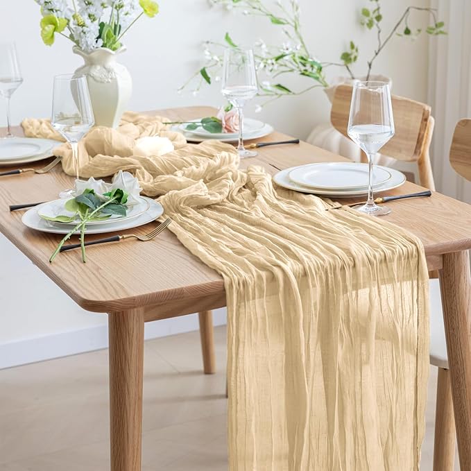 Asee'm 12pcs Cheesecloth Table Runner 120 Inches Long Sand Boho Gauze Cheese Cloth Runner 10FT Rustic Sheer Table Runners for Christmas Wedding Party Baby Shower Spring Easter Decoration