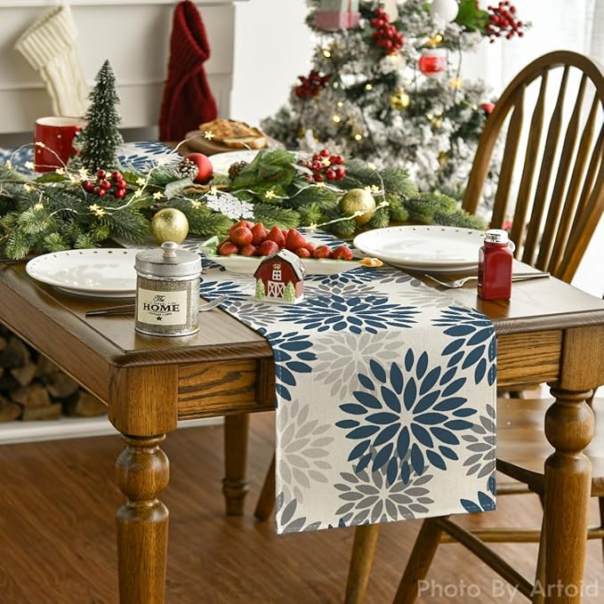 Artoid Mode Dahlia Aqua Floral Pinnata Flower Summer Table Runner, Seasonal Winter Holiday Kitchen Dining Table Decoration for Home Party Decor 13x72 Inch