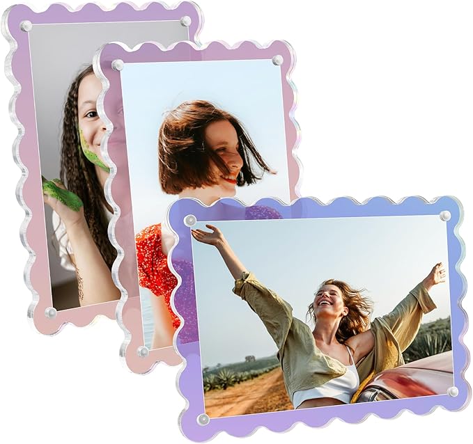 Acrylic Picture Frames 3 Pack 4x6 inch Scalloped Iridescent with Detachable Stand, Vertical and Horizontal Tabletop Display, Magnetic Photo Frames for Café/Home/Weeding/Party