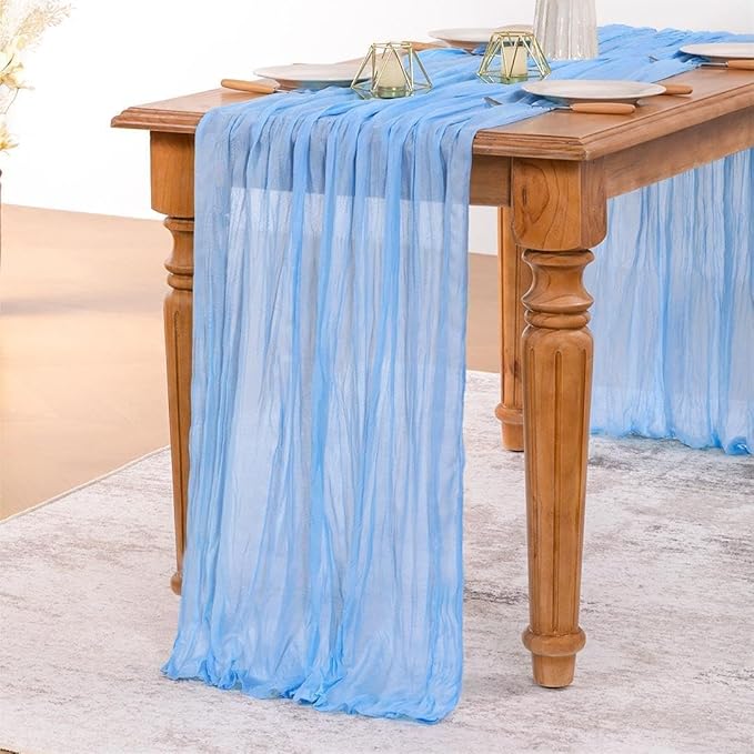 MLMW Light Blue Cheesecloth Table Runner Boho Gauze Rustic Cheese Cloth 160 inch Sheer Baby Blue Coastal Table Runner 13.3ft for Wedding Party Baby Bridal Shower Birthday