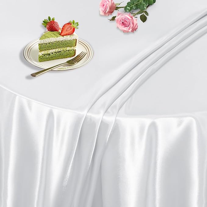 KKJIAF 1 Pack 108 Inch Round Table Cloth, White Overlay Round Satin Table Cover, Silky Satin Dining Tablecloths for Wedding Buffet Parties Banquet Decoration