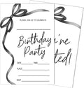 SIXEIGHT Black Bow Birthday Invitations, Black Ribbon Bow Birthday Party Invitations, 20 Party Invitations with Envelopes for Girls Boys, Birthday Party Favor & Decoration (4"x6")-A03