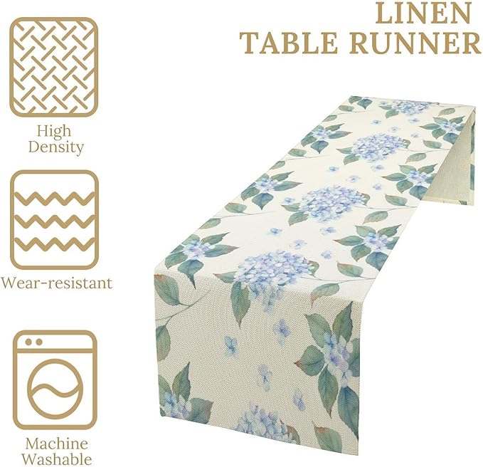 Spring Hydrangea Flower Table Runner, Seasonal Summer Plants Watercolor Blue Florals Dinner Runner for Home Kitchen Dining Table Party Holiday Decoration 13"x90"