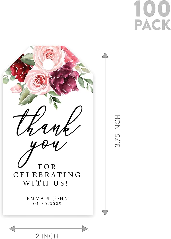 Andaz Press 100-Pack Personalized Thank You for Celebrating with Us Wedding Favor Tags with Bakers Twine Pink Burgundy Florals Custom Cardstock Wedding Gift Tags for Party Favors 2 x 3.75-Inches