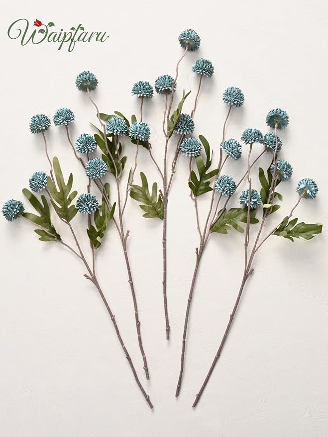 Waipfaru 10pcs Fake Silk Pompon Mum Artificial Flowers, Bulk Faux Mini Chrysanthemums with 2pcs Eucalyptus Stems, for Centerpieces Wedding Fillers Champagne Arrangements Shower Decorations, Blue