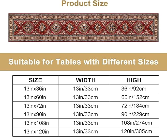 Boho Floral Vintage Table Runner, Red Grey Retro Flower Rustic Country Farmhouse Abstract Pattern for Home Kitchen Table Decor Dining Coffee Room Party Decor 13x60in