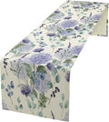 Spring Hydrangea Flower Table Runner, Seasonal Summer Plants Watercolor Eucalyptus Leaves Purple Florals Dinner Runner for Home Kitchen Dining Table Party Holiday Decoration 13"x60"