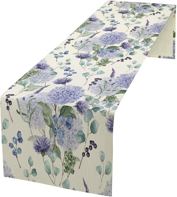 Spring Hydrangea Flower Table Runner, Seasonal Summer Plants Watercolor Eucalyptus Leaves Purple Florals Dinner Runner for Home Kitchen Dining Table Party Holiday Decoration 13"x108"