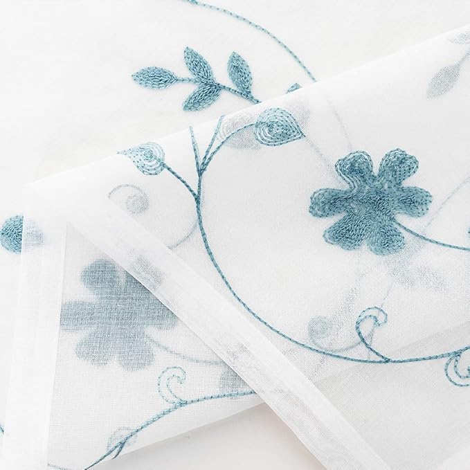 Blue Sheer Curtains 84 Inches Long, Floral Embroidered Rod Pocket Sheer Drapes for Living Room, Bedroom, 2 Panels, 52"x84", Semi Crinkle Voile Window Treatments for Yard, Patio, Villa, Parlor .