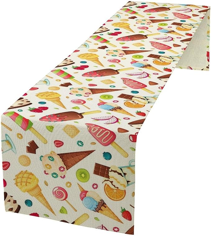 Ice Cream Table Runner, Fruit Ice Popsicles Cold Summer Desserts Seasonal Dinner Runner for Party Holiday Home Kitchen Dining Table Decor 13"x108"