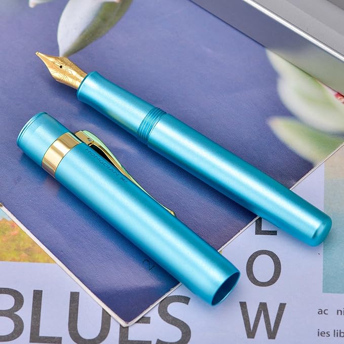 HONG DIAN M2 Black Forest Mini Fountain Pen, Bent Nib & Sleek Shape Aluminium Short Pocket Travel Pen (Lake Blue)