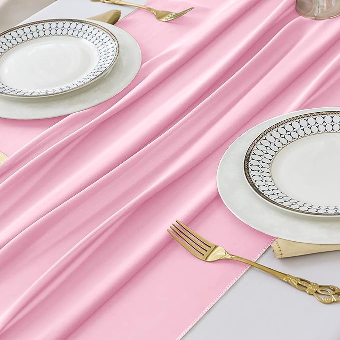 2 Pack 10 Ft Chiffon Table Runner Light Pink Gauze Long Table Runners 27x120 Inches Sheer Tulle Table Runner for Rustic Wedding Reception Bridal Shower Decorations Birthday Party