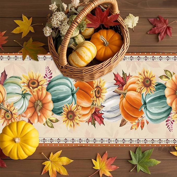 Fall Thanksgiving Southwest Cotton Linen Table Runner for Dining Kitchen, Orange Pumpkins Wedding Outdoor Party Rustic Tablerunners Decoration, Sunflower Dresser Scarf Tablecloth Runners 13x90 Inches