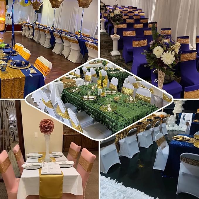 Chair Sashes Sequin Stretch Chair Bands Spandex Polyester Bows for Party Hotel Wedding Banquets Decoration - 6 Pcs Rose Gold