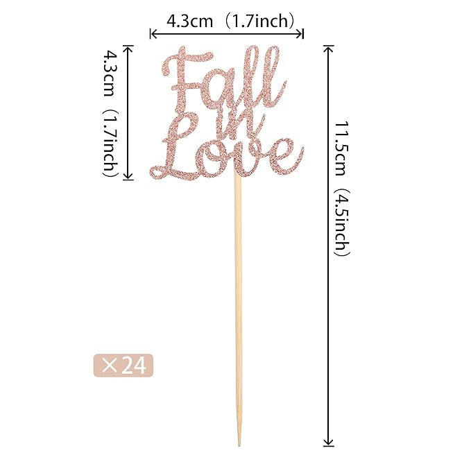 24 PCS Fall in Love Cupcake Toppers Glitter Bridal Shower Cake Picks Decorations for Wedding Engagement Anniversary Birthday Party Supplies Rose Gold
