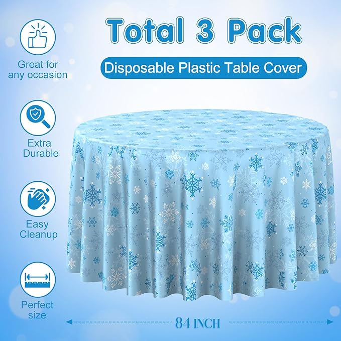 3Pcs Christmas Snowflake Plastic Party Tablecloth Decorations,Disposable Light Blue Snowflake Xmas Round Table Cover Backdrop for Winter Onederland Christmas Holiday Party Supplies,84 inch(Light Blue)