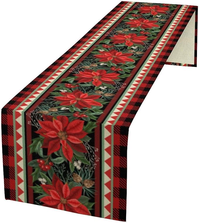 Christmas Table Runner,Seasonal Winter Xmas Holiday Plaid Table Cloth Kitchen Dining Table Decoration for Home Party Decor 13x120 Inch