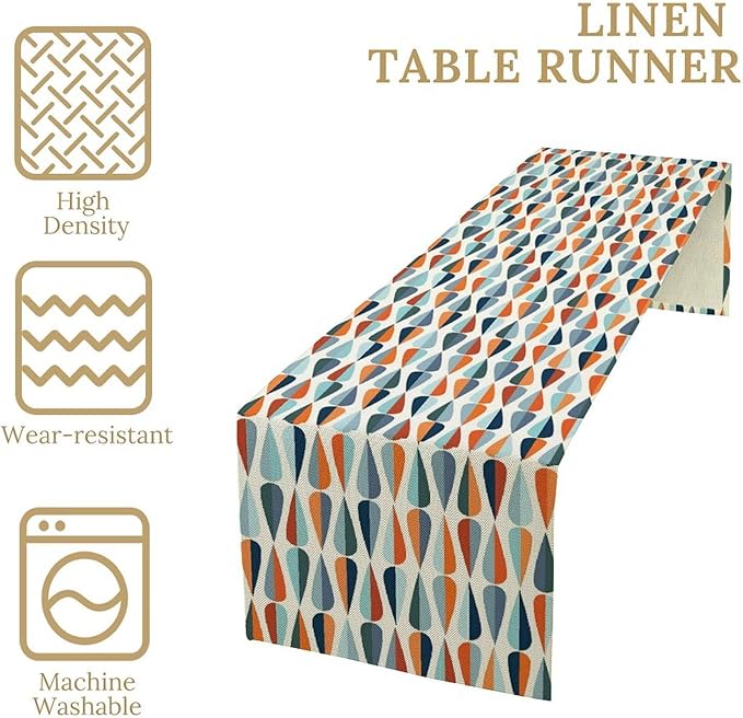Mid Century Table Runner, Modern Style Retro Pattern Droplet Shapes Mosaic Tones Pattern Print for Home Kitchen Table Decor Dining Coffee Room Party Decor 13x90in