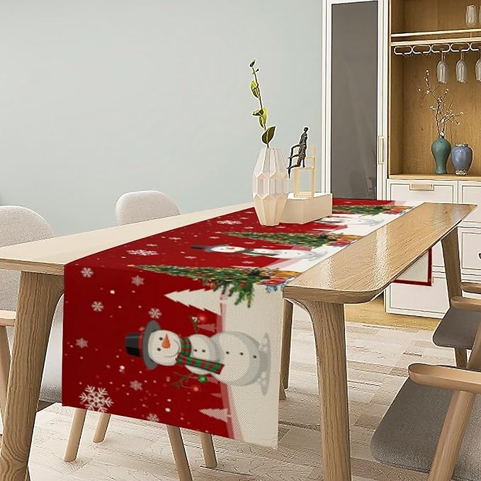 Christmas Table Runner,Snowman Rustic Red Snowflake Winter Table Cloth Kitchen Dining Table Decoration for Home Party Decor 13x70 Inch