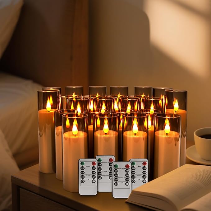 Halloween Decoration Flickering Flameless Candles Battery Operated Timer Led Pillar Candles with Realistic Moving Wick Candles for Home Decor 24 Pack (D2.2 xH 5" 6" 7")(Grey)