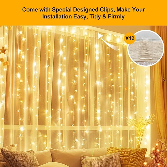 Fairy Curtain Lights Upgraded Tangle-Free Warm White USB Plug in 8 Modes String Hanging Lights with Remote for Christmas, Bedroom, Indoor, Outdoor, Weddings, Party (6.6FTx10FT)