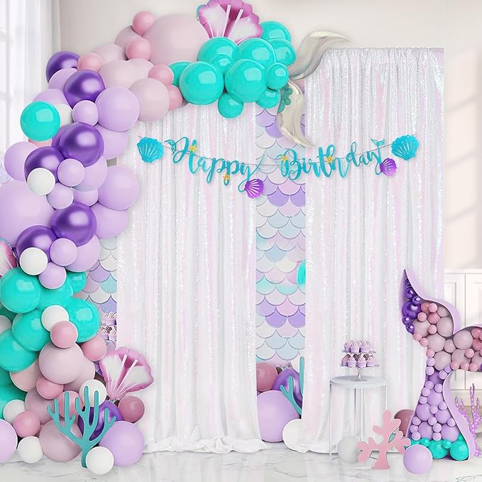 White Iridescent Sequin Backdrop 2 Panels 2FTx8FT Unicorn Backdrop Curtains Glitter Party Backdrop for Girls Birthday Decorations