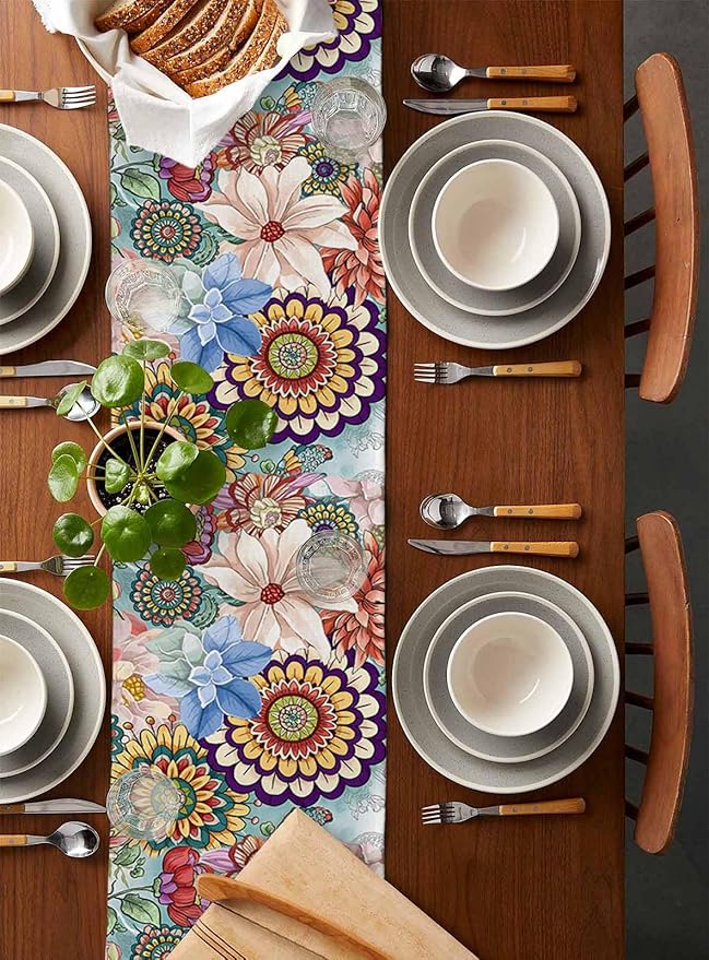 Boho Flowers Cotton Linen Table Runner for Dining Kitchen, Wedding Outdoor Party Tablerunners Decoration, Colorful Floral Farm Vintage Botanical Dresser Scarf Coffee Tablecloth Runners 13x60 Inches