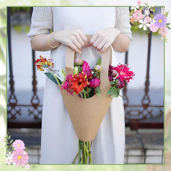50Pcs 16.5" Kraft Paper Bouquet Bags with Handle, Florist Gift Wrapping Supplies Kit Includes Decorative Lace Ribbon, Floral Tape, Shears for Flower Arranging, Wedding, Party Decor