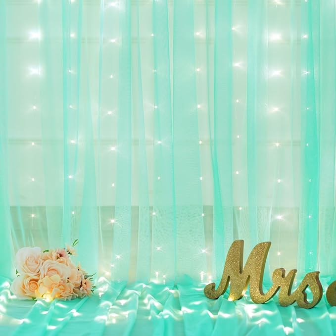 Sage Green Tulle Backdrop Curtains with Lights String for Parites 10x8ft Sheer Backdrop Curtains Drapes for Birthday Party Bridal Shower Baby Shower Christmas Wall Photo Booth Background Decorations