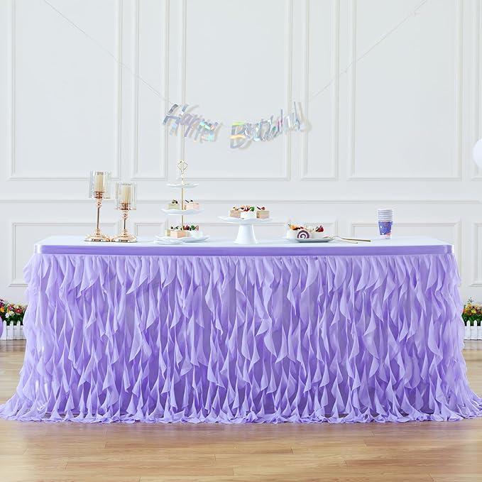 PARTISKY Lavender Purple Tulle Curly Willow Table Skirt for Rectangle Table 17ft, Ruffle Tutu Table Cloth for Girls Boys Baby Shower,Mermaid Birthday Party