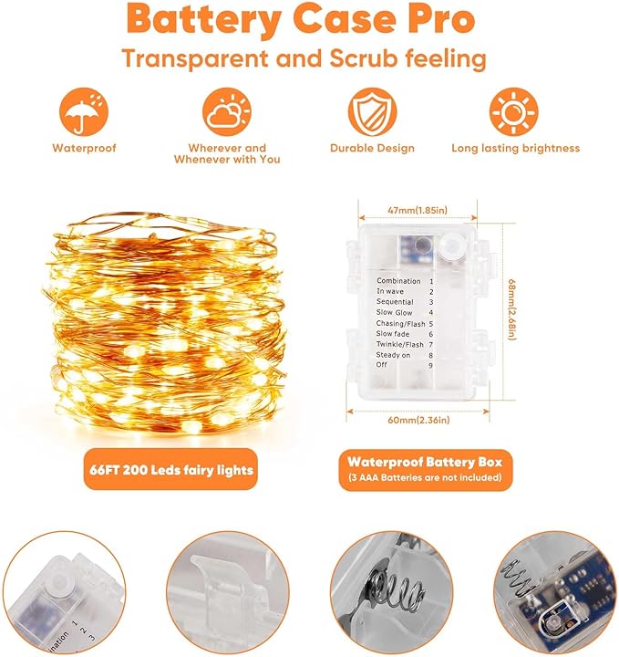 1 Pack 65.6 Ft. Battery Operated Outdoor String Lights with Remote & Timer, LED Warm White Fairy Lights, Waterproof Twinkle Lights for Bedroom, Dorm, Mason Jar, Wedding, Party, Christmas