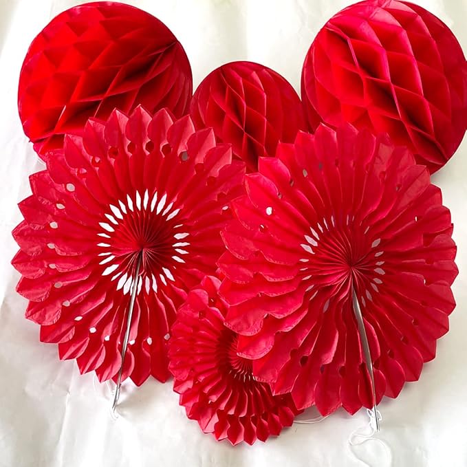 12pcs 6'' 8'' Red Honeycomb Balls Tissue Paper Fans Party Honeycomb Ball Fans Wall Decor Tissue Pom Poms Flower Balls Hanging Paper Fans for Party Baby Shower Birthday Wedding Nursery Decor(red kit)