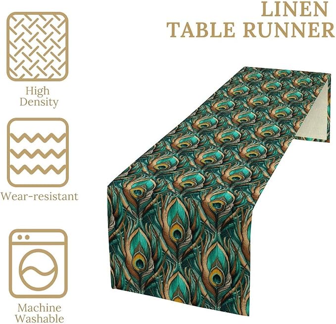 Peacock Feather Table Runner,Retro Aesthetic Green Table Runner for Home Kitchen Dining Party Indoor Outdoor Decoration 13x60 Inch