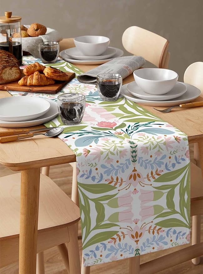 Green Blue Pink Boho Floral Cotton Linen Table Runner for Dining Kitchen, Wedding Outdoor Party Tablerunners Decoration, Retro Bohemian Botanical Dresser Scarf Coffee Tablecloth Runners 13x120 Inches