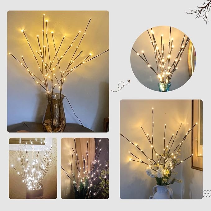 PEIDUO Lighted Brown Branches with Timer, 30Inch 3PK 60 LED Pathway Lights, Willow Branch Lights for Home Decorations Indoor Apartment Outdoor Stake Lights for Lawn