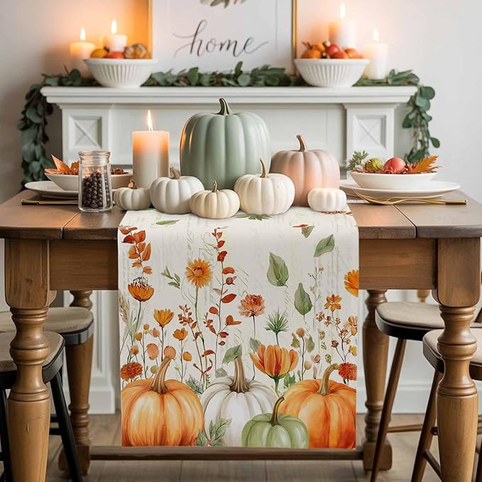 Fall Wildflowers Cotton Linen Table Runner for Dining Kitchen, Thanksgiving Pumpkin Outdoor Party Rustic Tablerunners Decoration, Botanical Floral Vintage Dresser Scarf Tablecloth Runners 13x36 Inches