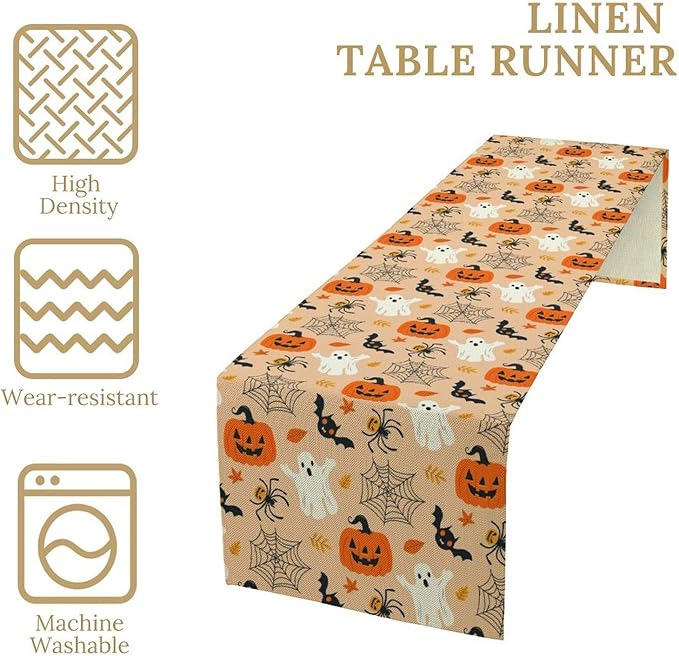 Halloween Table Runner,Cute Ghost Pumpkin Leaves Table Runner for Kitchen Dining Table Decoration Home Party Decor 13x36 Inch