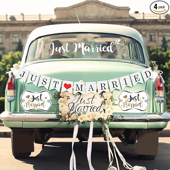 Tallew 4 Sets Just Married Car Decorations Ornate Magnets 12 x 7.5, Wedding Day Car Window Decals 5.1 x 22.4, Just Married Sign Banner Decorations for Honeymoon Wedding