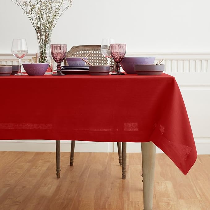 Solino Home Linen Red Tablecloth 60 x 156 Inch - 100% Pure Linen Rectangular Tablecloth - Machine Washable Table Cloth for Christmas, Fall, Autumn - Fete
