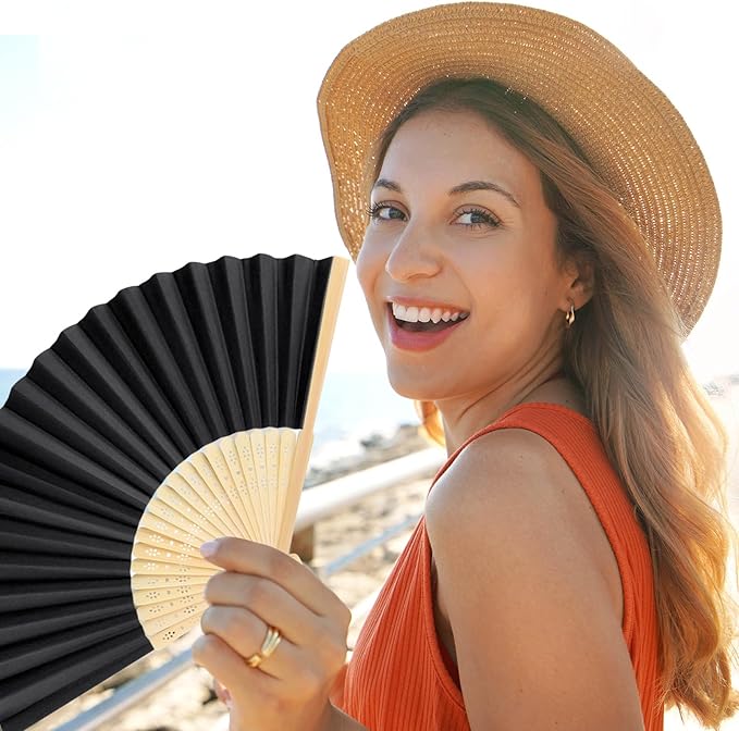 6 Pieces Black Hand Held Bamboo Folding Fans Foldable Paper Fans Handheld for Women Girls Wedding DIY Decoration Church Home Party Favors Summer