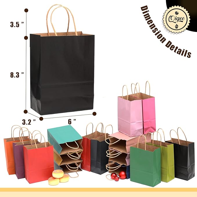 qiqee 100Pcs Small Size Paper Gift Bags with Handles - 8.3"x6"x3.15" Kraft Small Party Bags - 16 Solid Colors