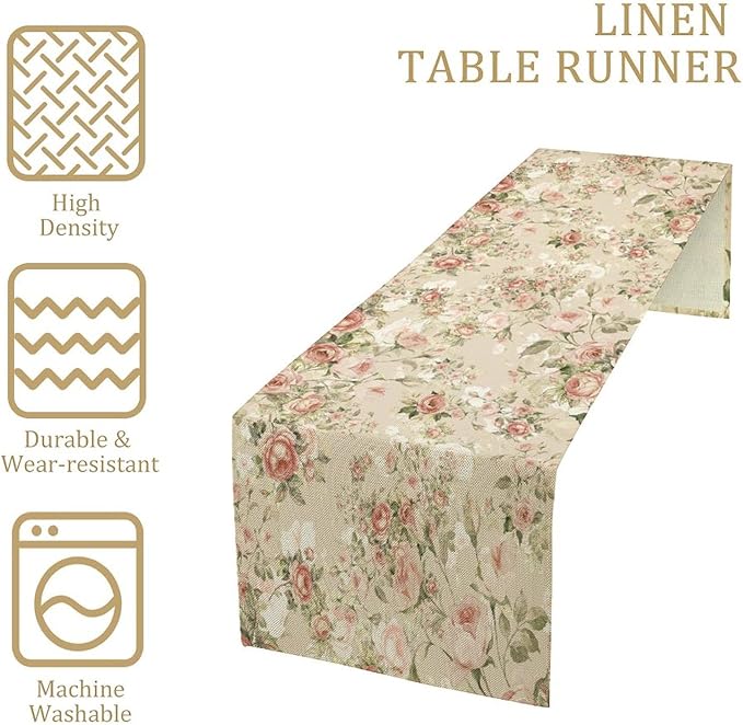 Lovely Rose Table Runner, Red and White Vintage Rose Delicate Floral Natural Pattern Long Table Restaurant Kitchen Holiday Party Decoration,13in（33cm） W * 120in（305cm） L