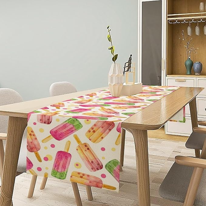 Ice Cream Popsicles Table Runner, Watercolor Summer Seasonal Fruit Peach Kiwi Berry Popsicles Orange Pink Sweet Dessert Dinner Runner for Party Holiday Home Kitchen Dining Table Decor 13"x120"